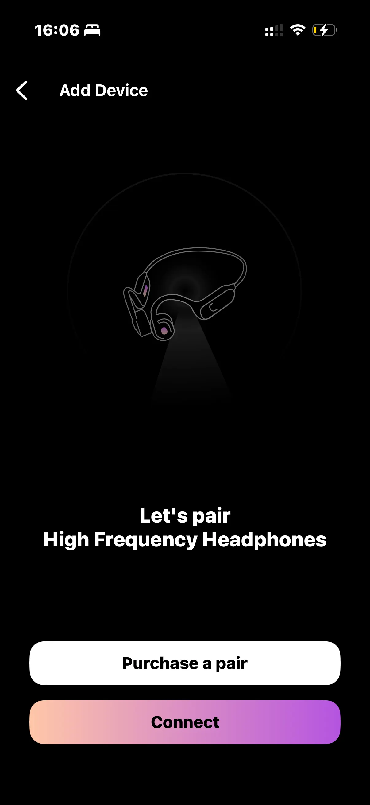 HFH app headphone pairing screen