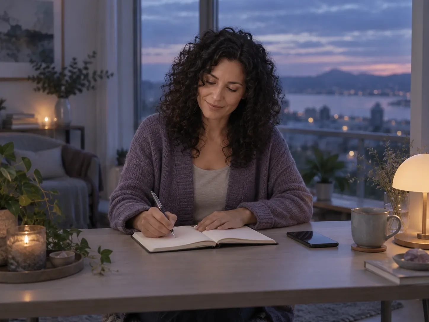 An evening reflection with a journal and phone