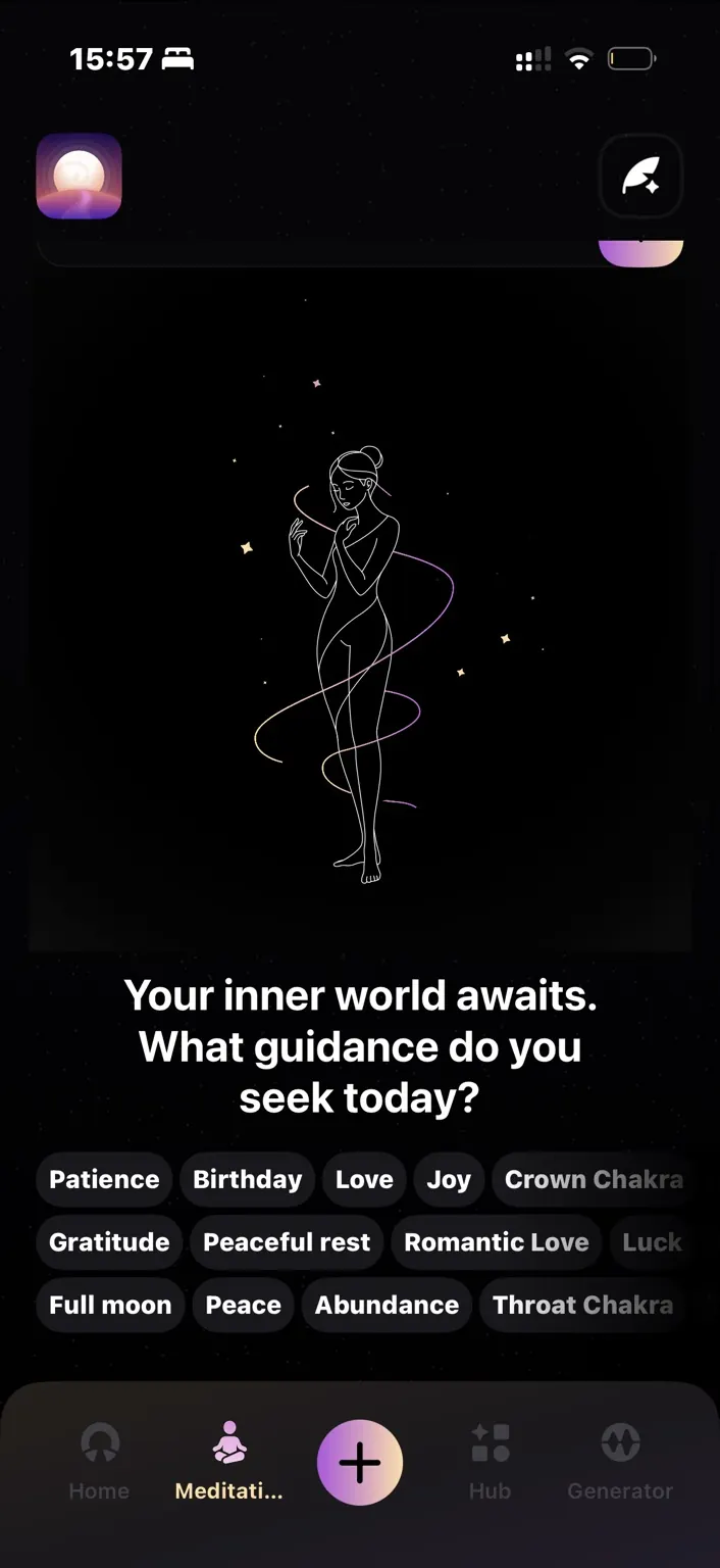 Actual HFH meditation screen with intention presets