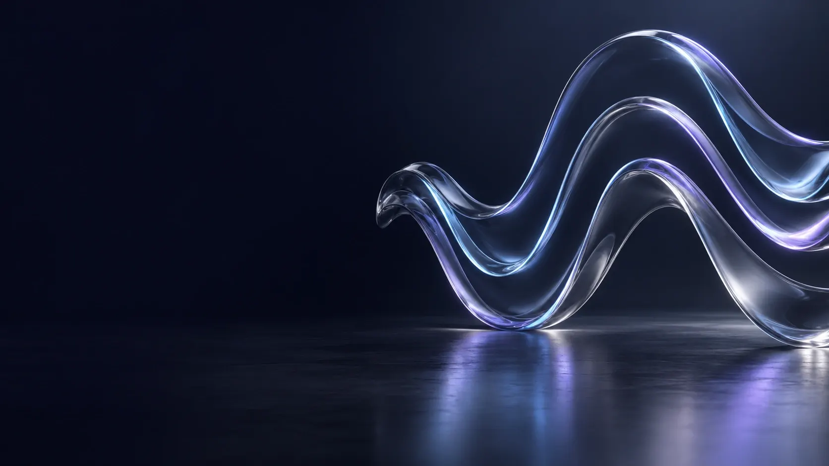 Sculptural glass sound waves illuminated in lilac and blue