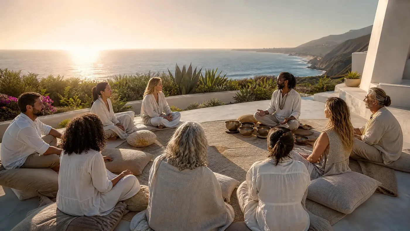 Illustrative community sound meditation gathering by the ocean