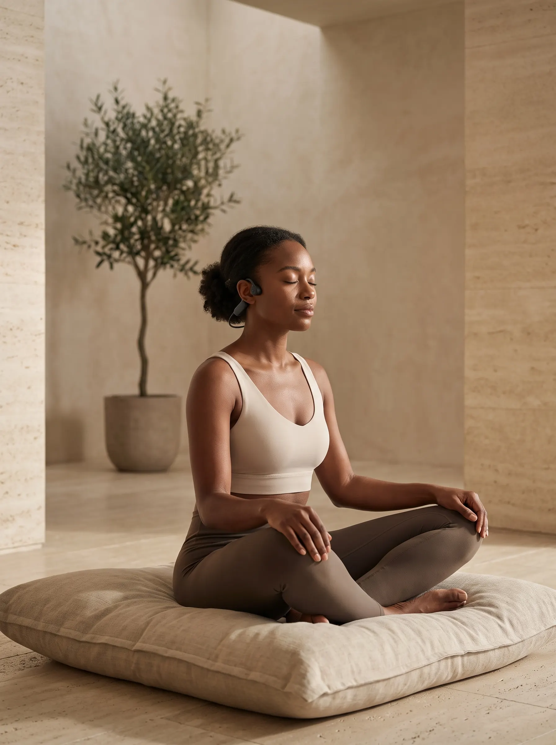 A woman meditating with High Frequency Headphones