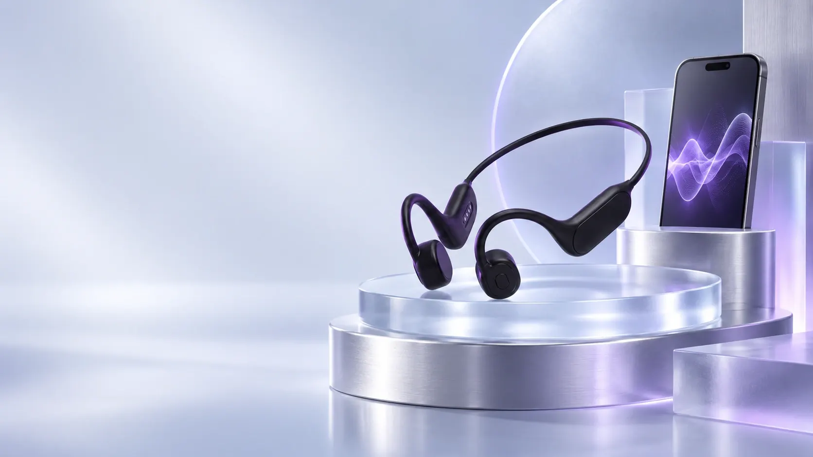 High Frequency Headphones and a phone displaying purple sound waves, on frosted glass and silver platforms