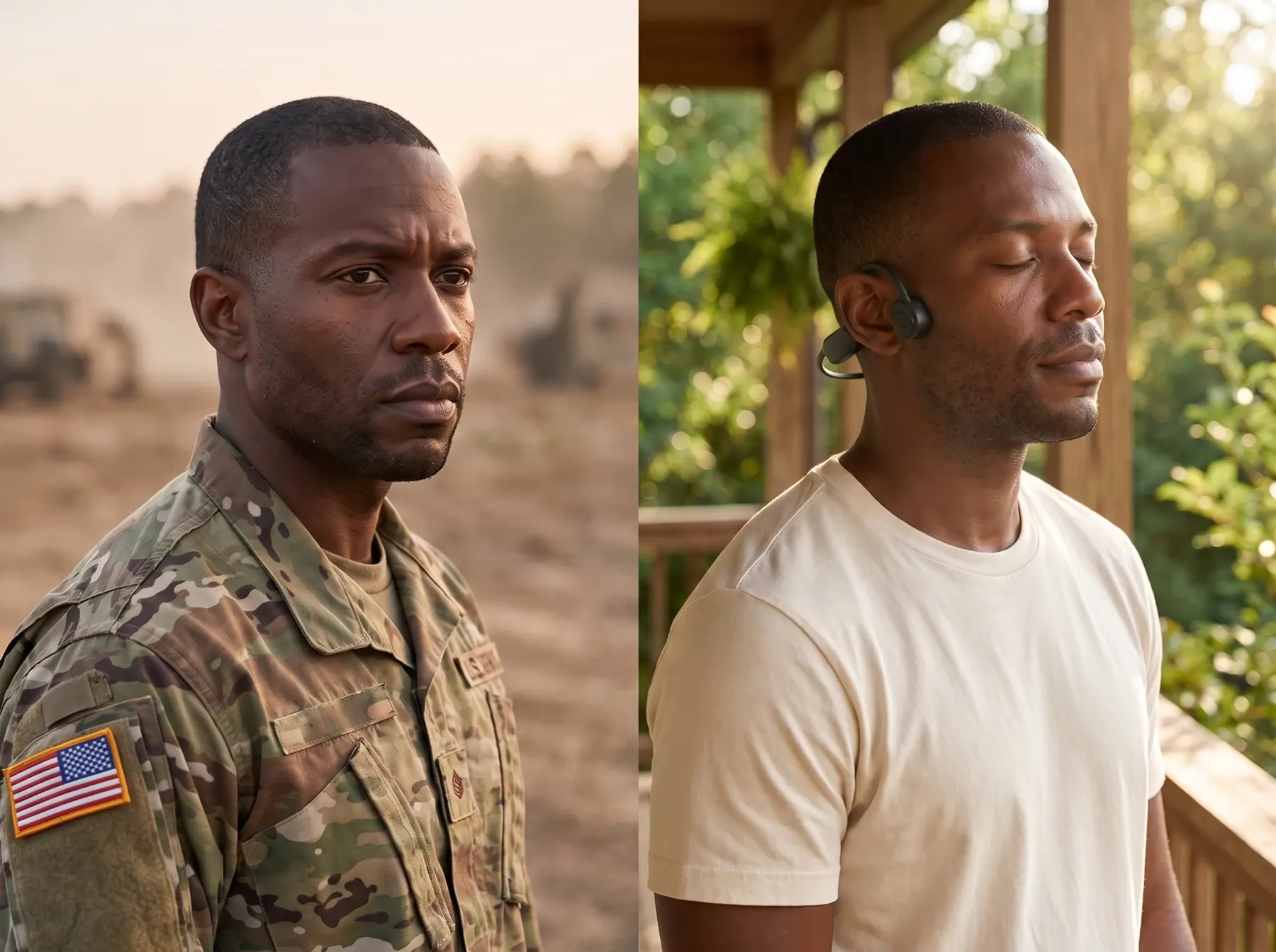 Illustrated veteran lifestyle concept: military service and a quiet moment wearing HFH headphones